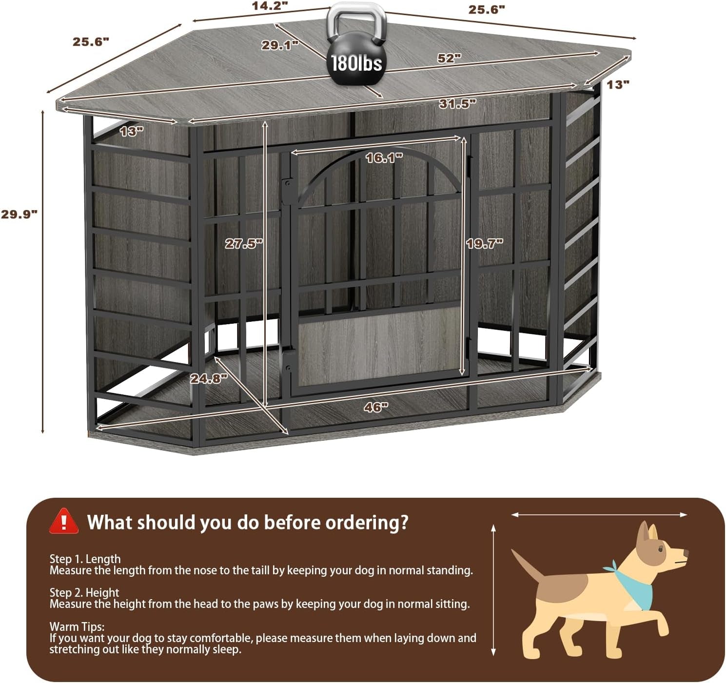 Corner dog crate diagram showing top and interior dimensions and weight indicator on a grey wood-top model