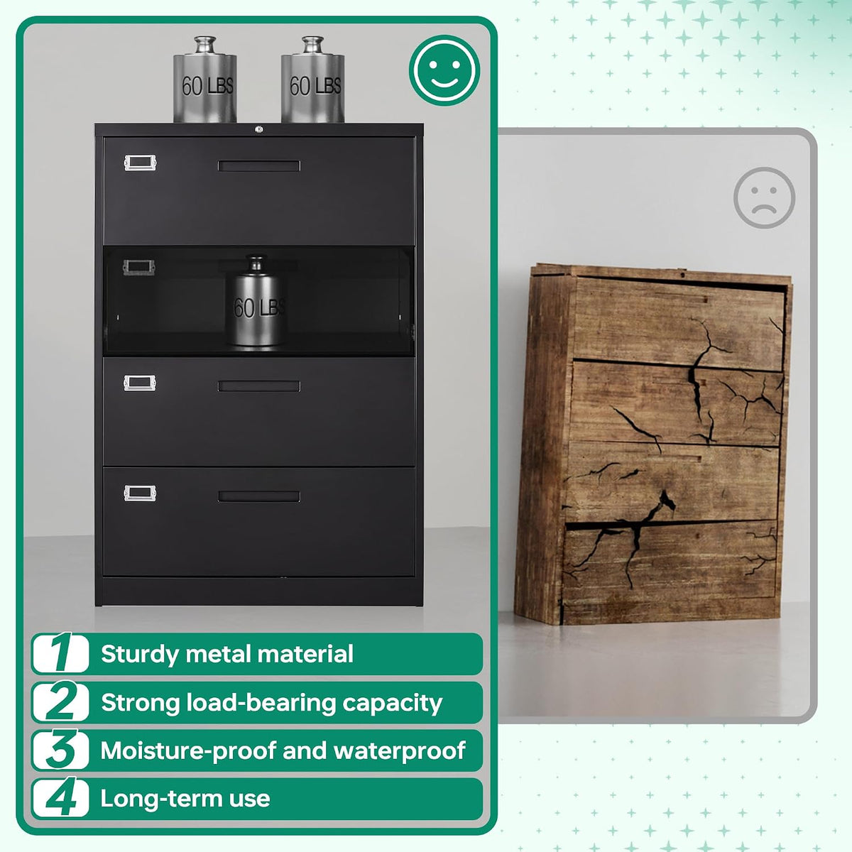 Front view of a black metal filing cabinet shown next to a cracked wooden cabinet to highlight durability.