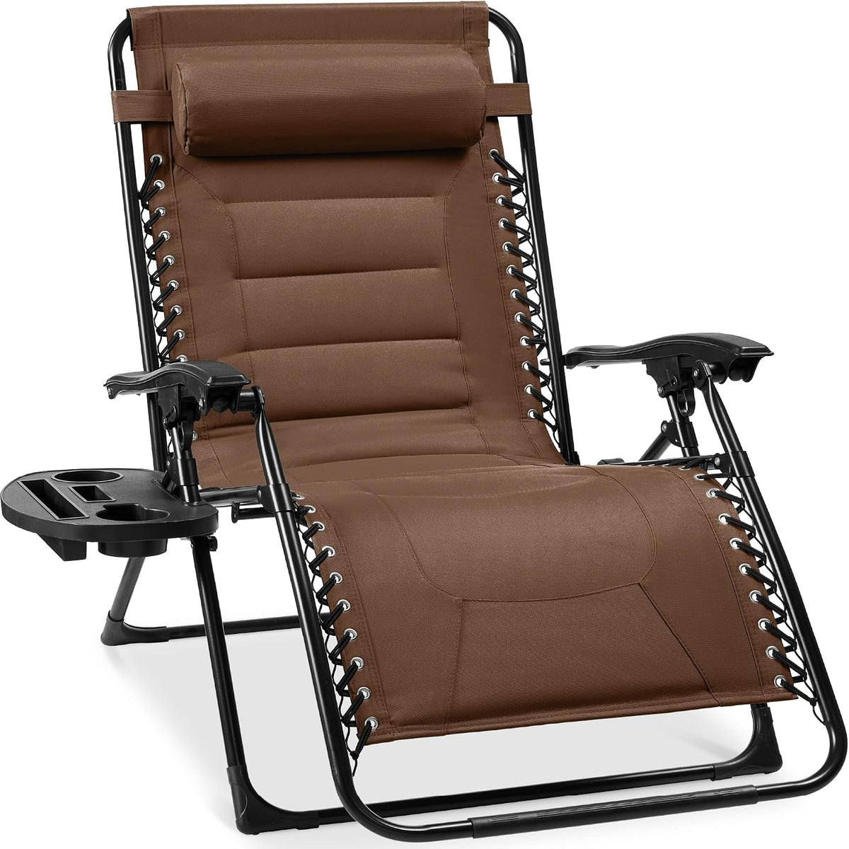 Front view of a brown padded zero-gravity recliner showing laced sides, armrests and drink tray