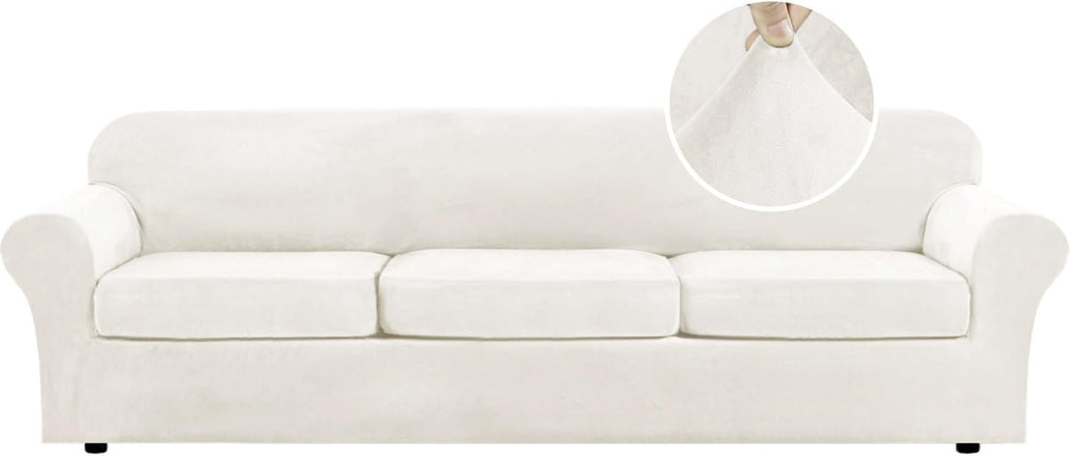Studio front view of a three-seat sofa in bright ivory stretch velvet on a white background; inset shows a finger pinching