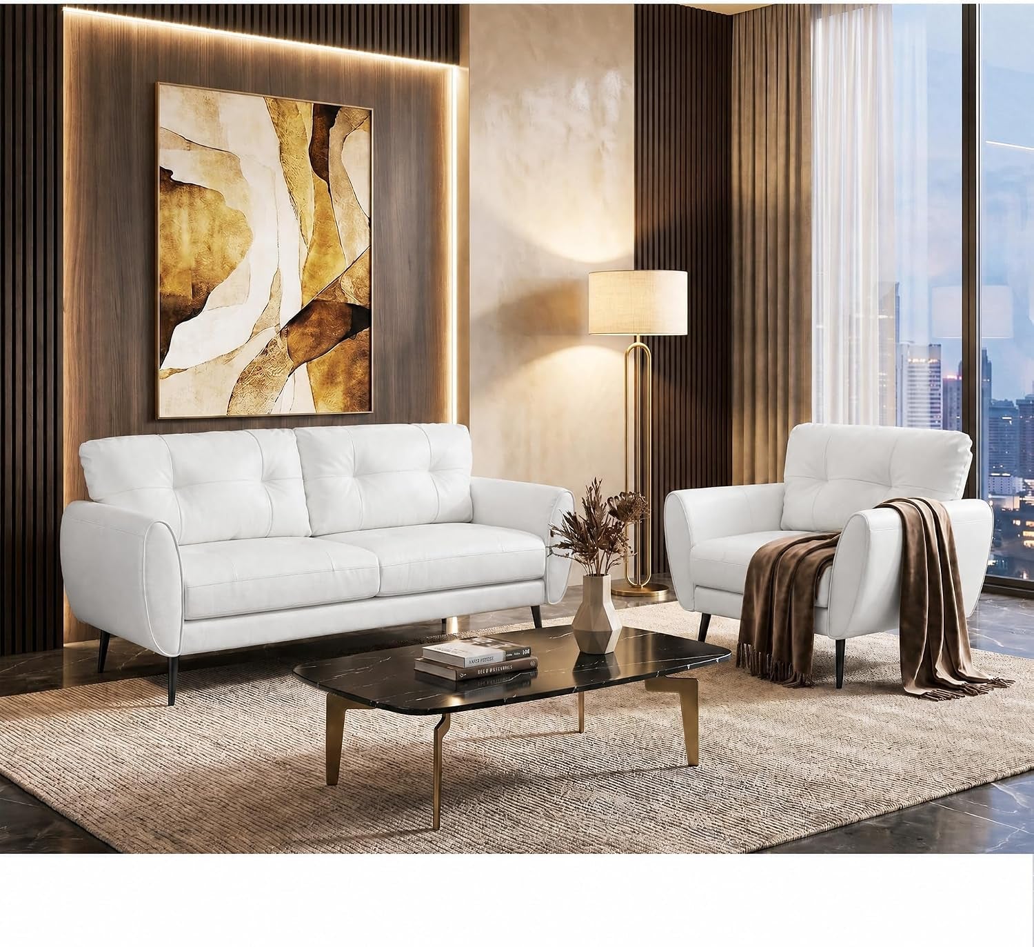 White loveseat paired with a matching armchair in a modern living room with floor lamp and city-view window
