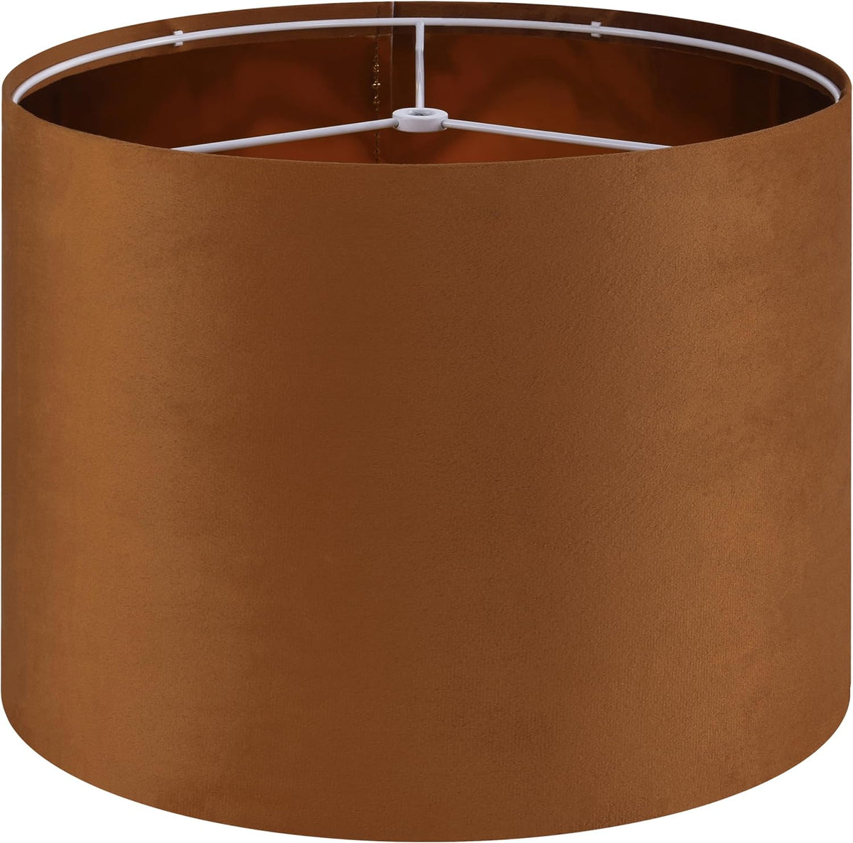 Tight crop of the top edge of a single rust-brown drum shade revealing the white spider fitter.