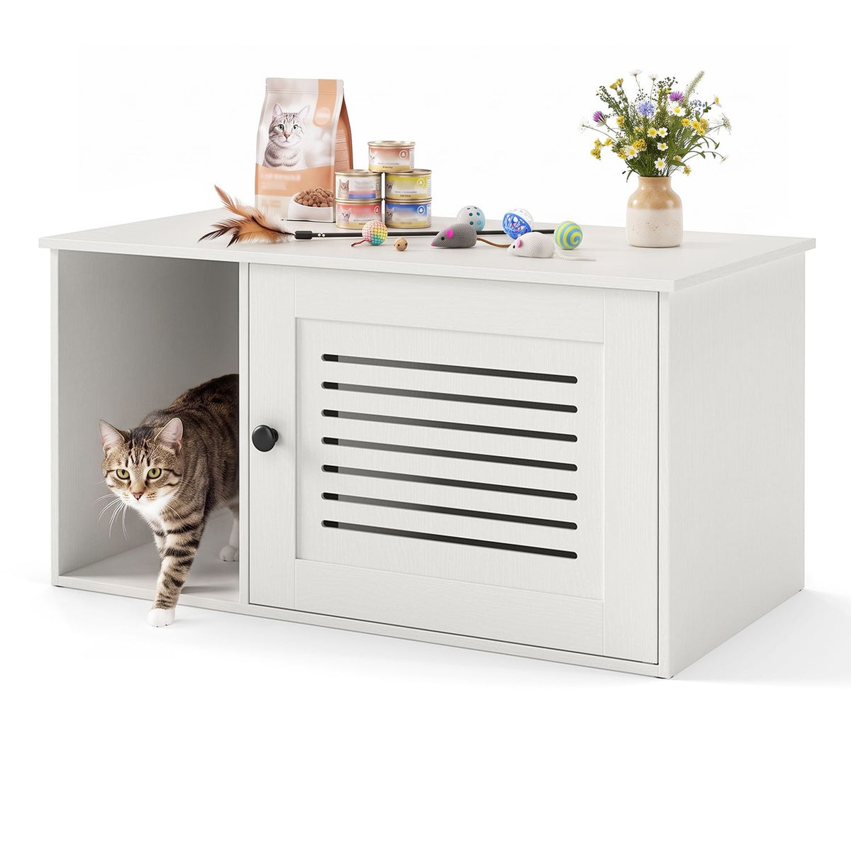 White litter box cabinet with a tabby cat at the side entrance against a plain background