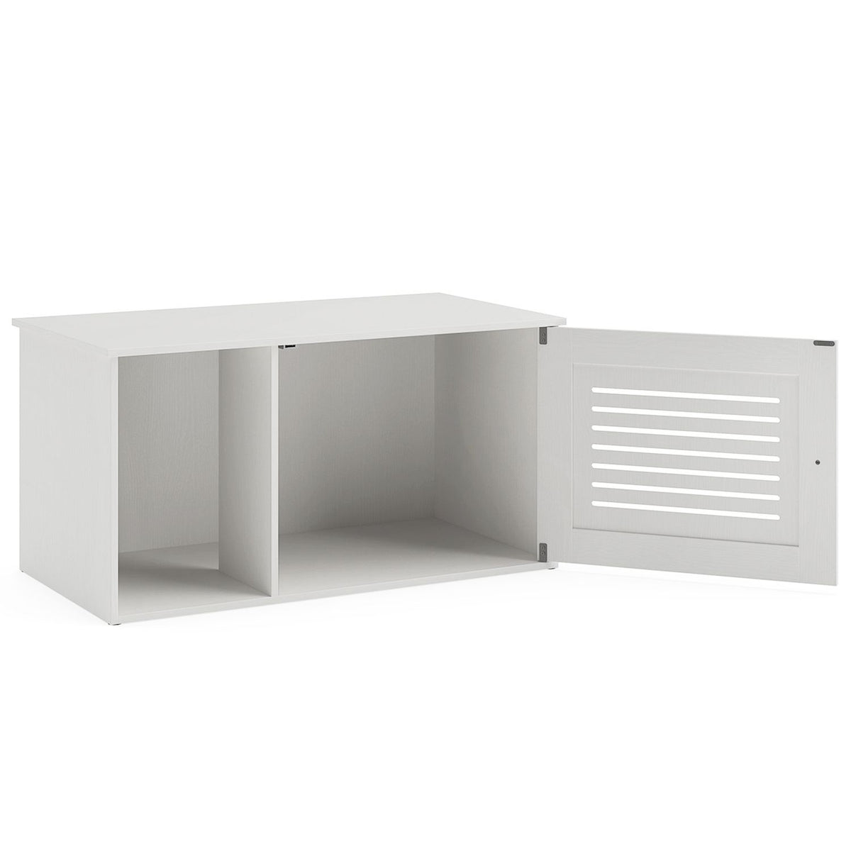 White litter box enclosure shown with its ventilated cabinet door open