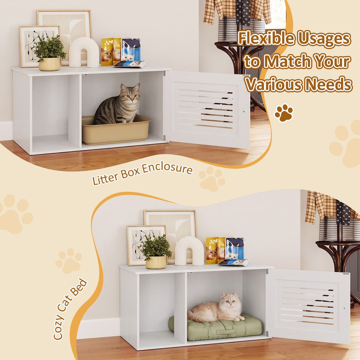 Two views show the white enclosure used with a litter tray and as a cat bed, with doors open.