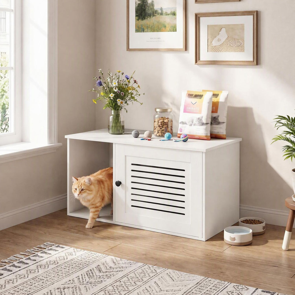 White litter box enclosure with a cat entering the side compartment in a bright room