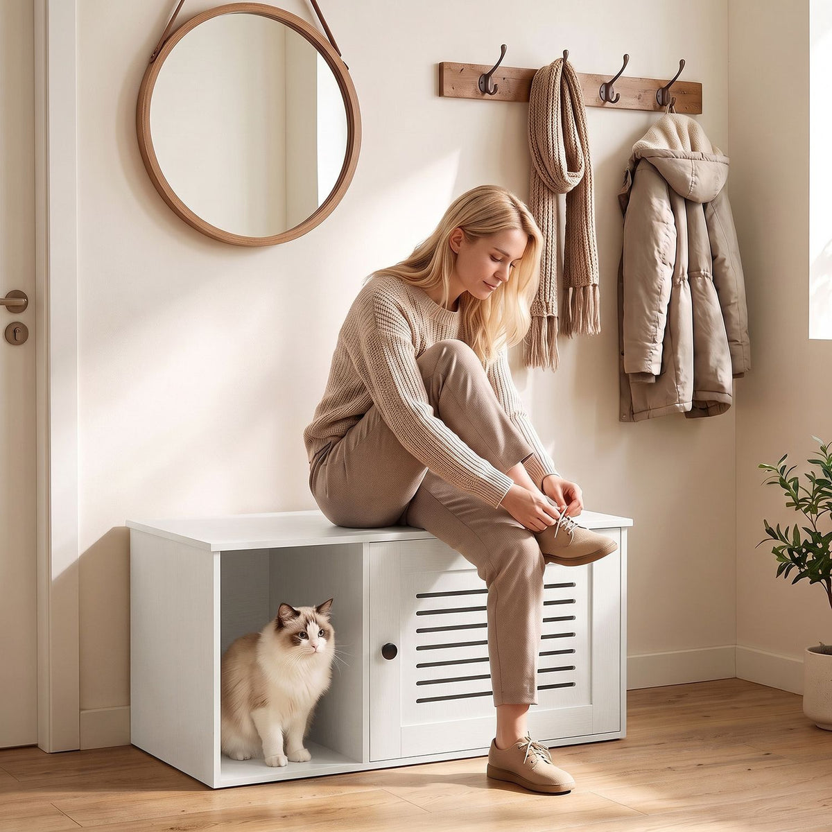 White cat enclosure with side opening shown beside a seated person in an entryway