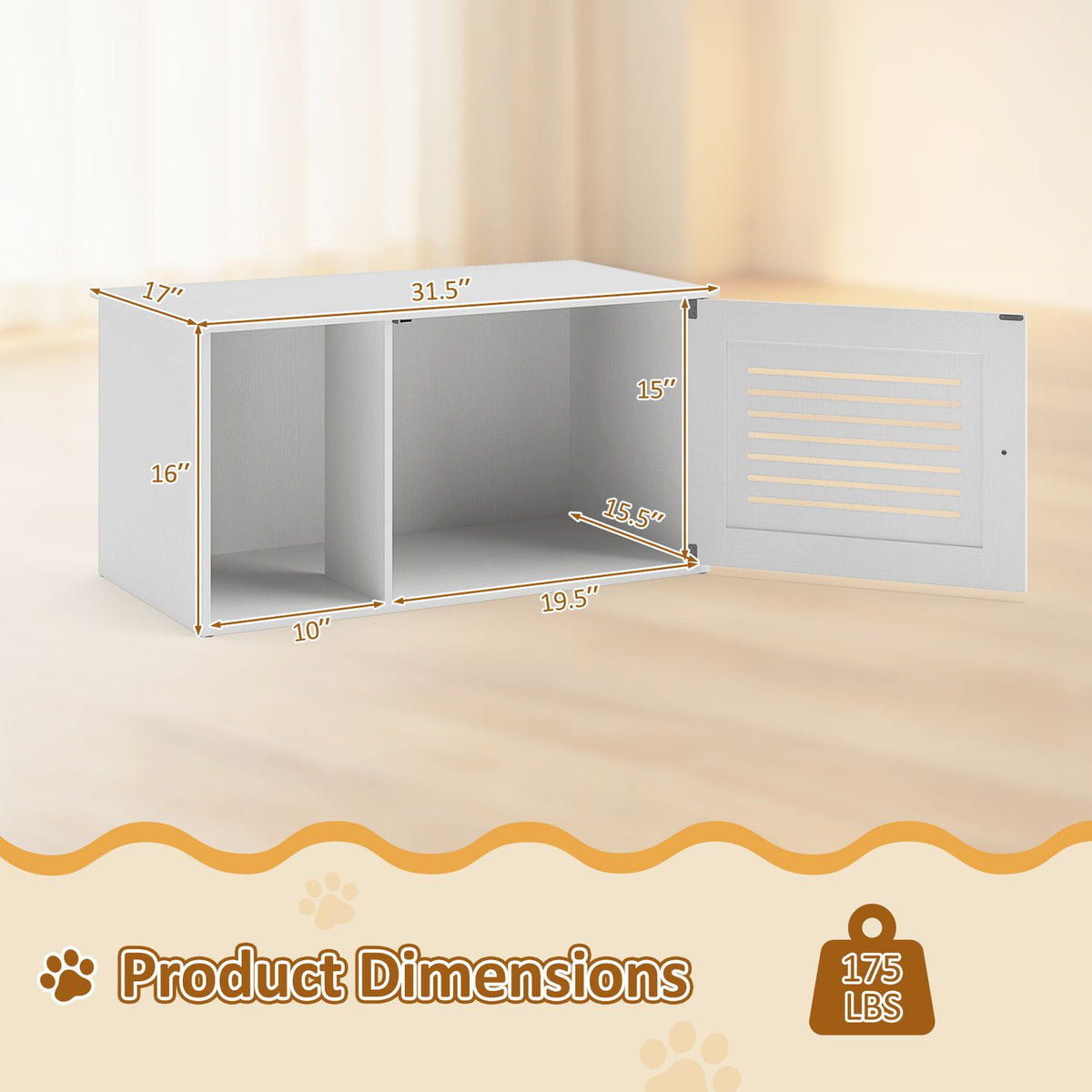 Open white litter box cabinet in a dimensions graphic with labeled compartments