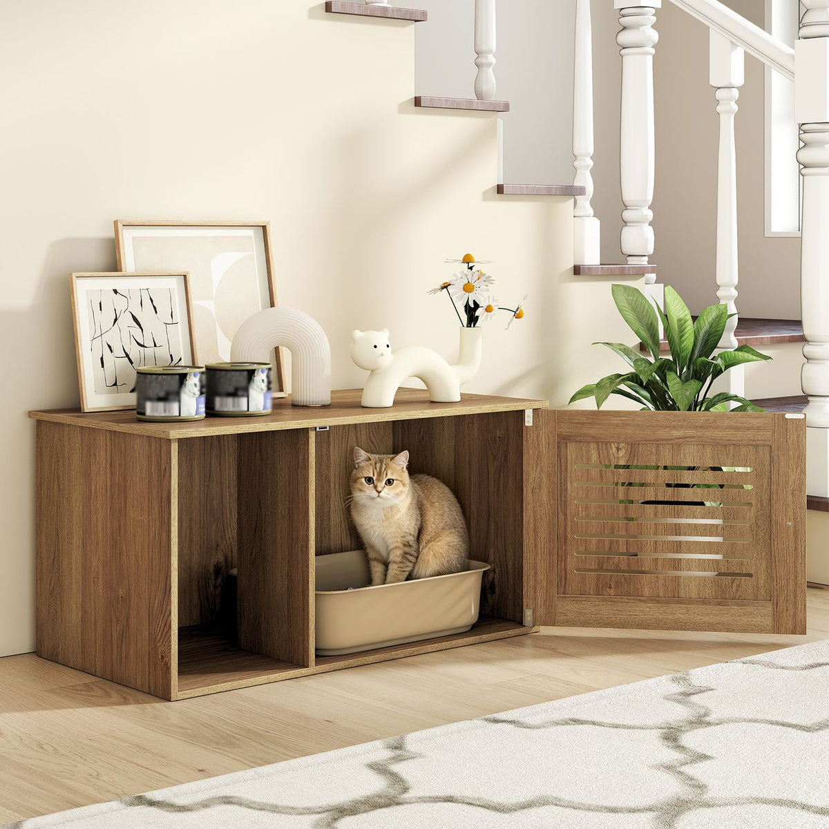 Wood-grain enclosure with an open slatted door and a cat sitting in a litter tray inside.