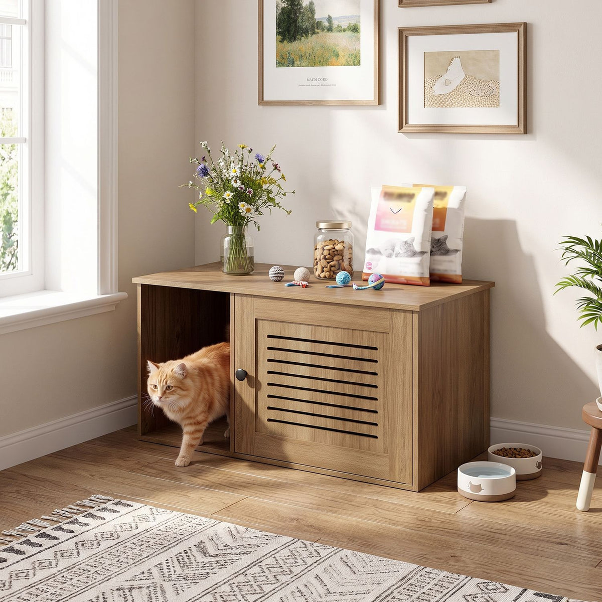 Wood-grain enclosure with a cat stepping out through its side opening beside the closed slatted door.