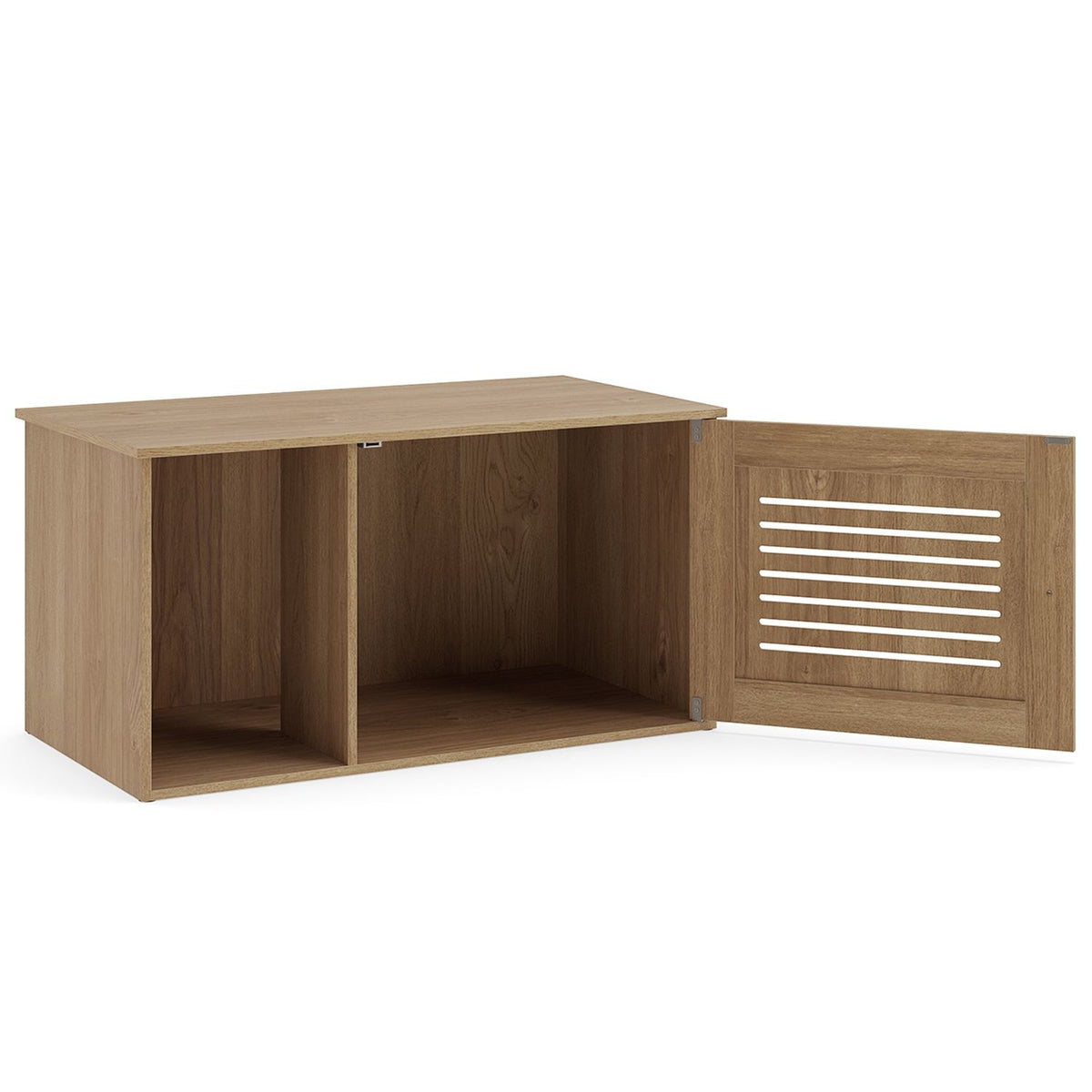 Litter box cabinet with its slatted door open, showing the divided interior compartments.