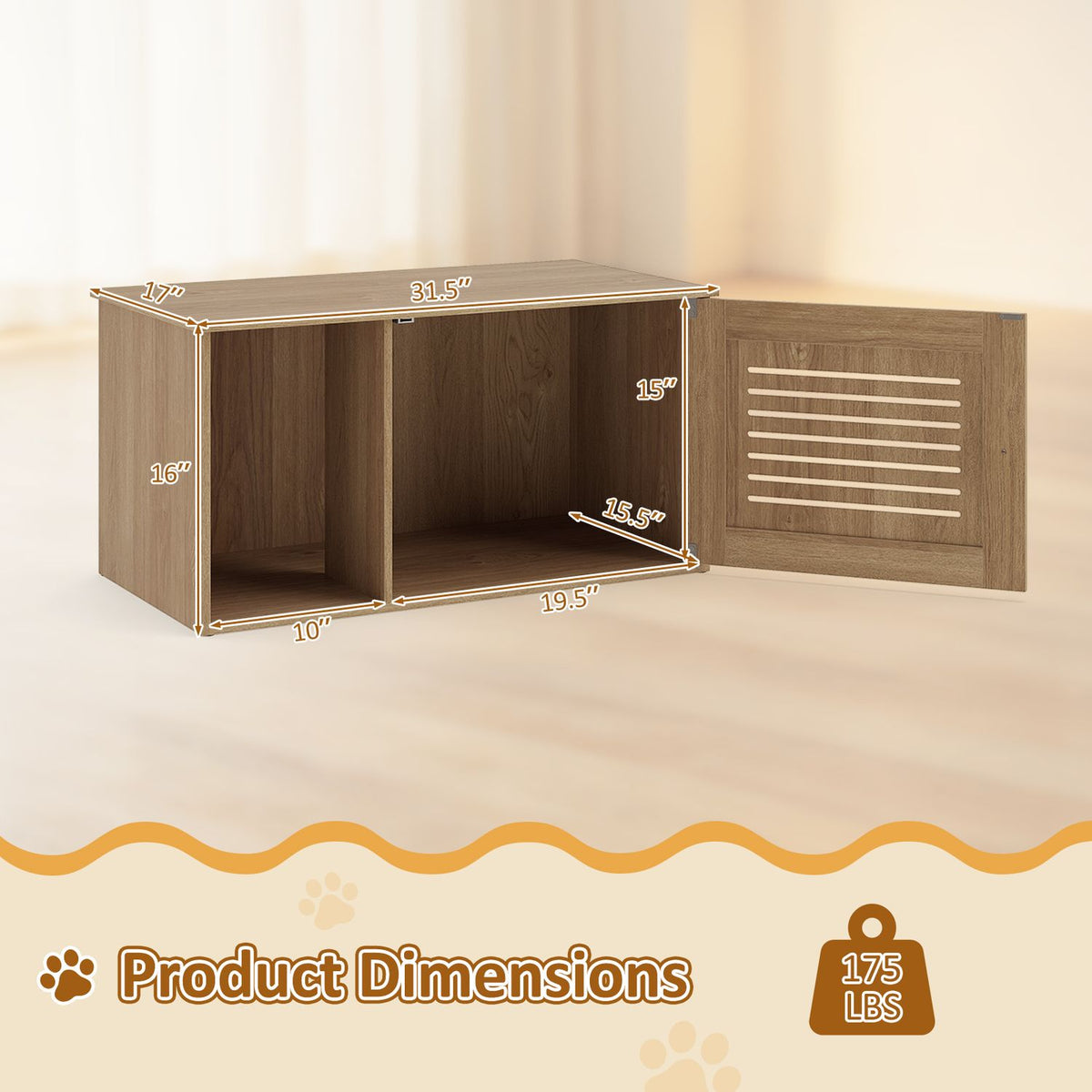 Open litter box cabinet shown with measurement lines around the exterior and interior compartments.