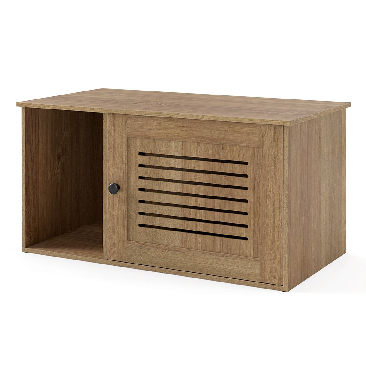 Wood-tone litter box cabinet with an open side entrance and a closed slatted front door.