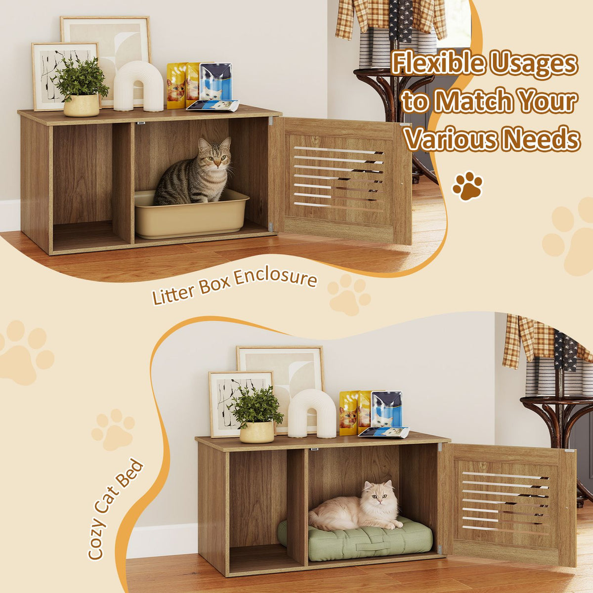 Wooden enclosure shown with a cat and litter tray above, and a resting cat on a cushion below.