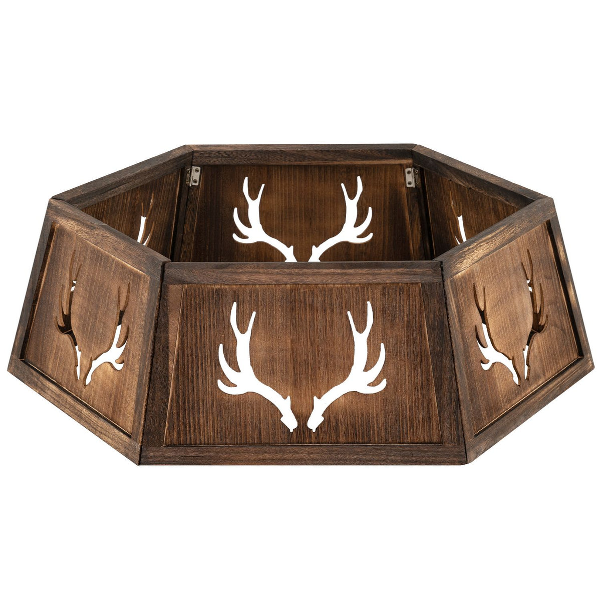 Open rustic brown tree collar with antler cutouts shown against a white background
