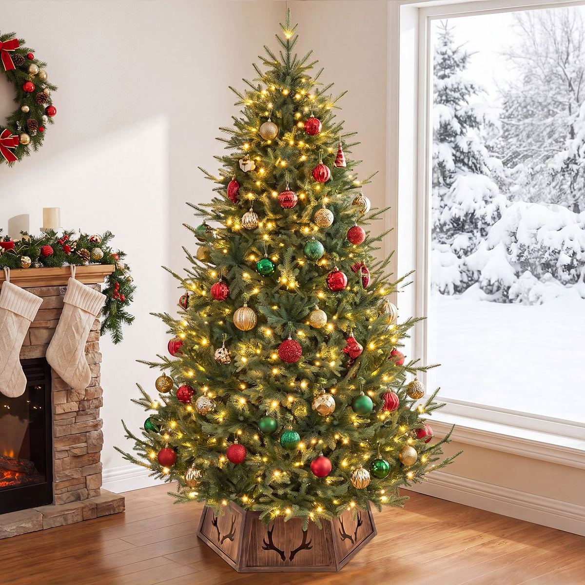 Full decorated Christmas tree with a rustic brown collar in a bright room