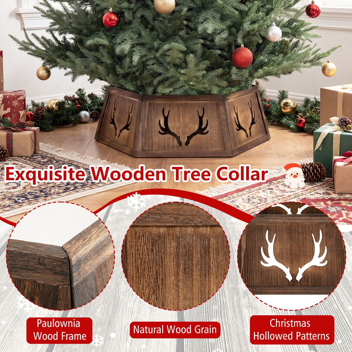 Tree collar beneath a Christmas tree, with close-ups of its wood grain, corner joint, and antler cutout.