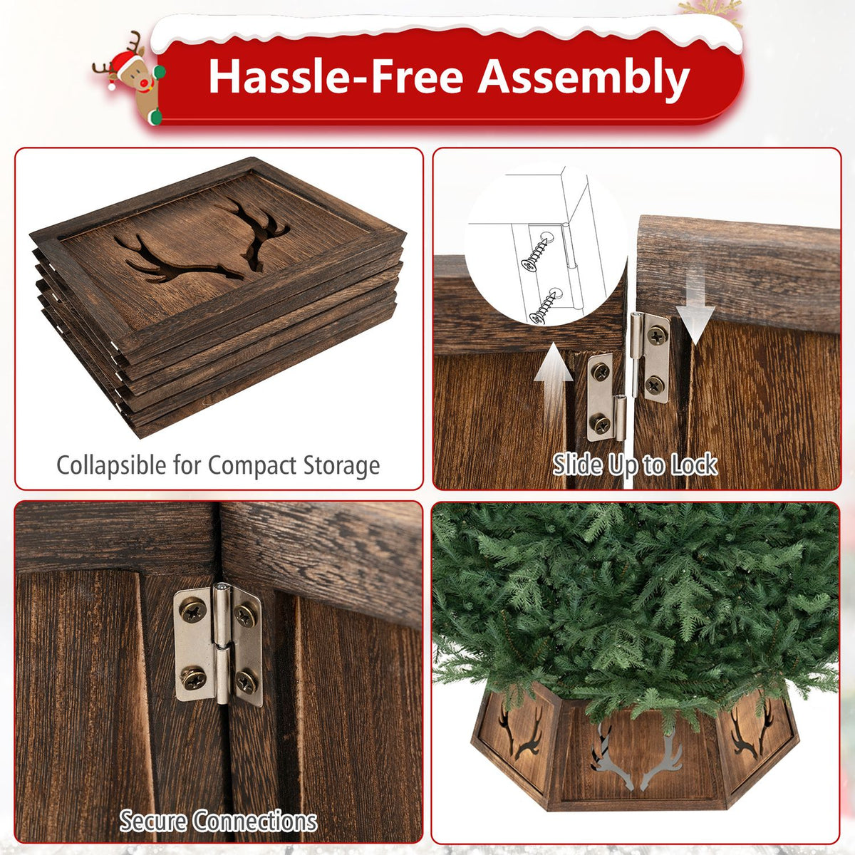 Collapsible wooden collar panels and close-ups show the hinge connections and assembled collar around a tree.