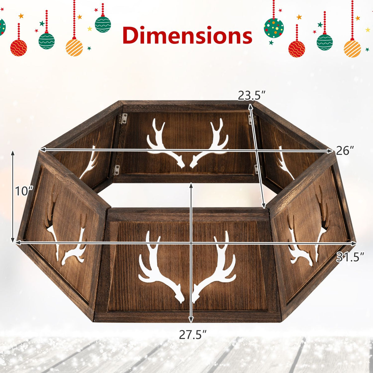 Rustic brown antler-cutout tree collar shown with opening measurements