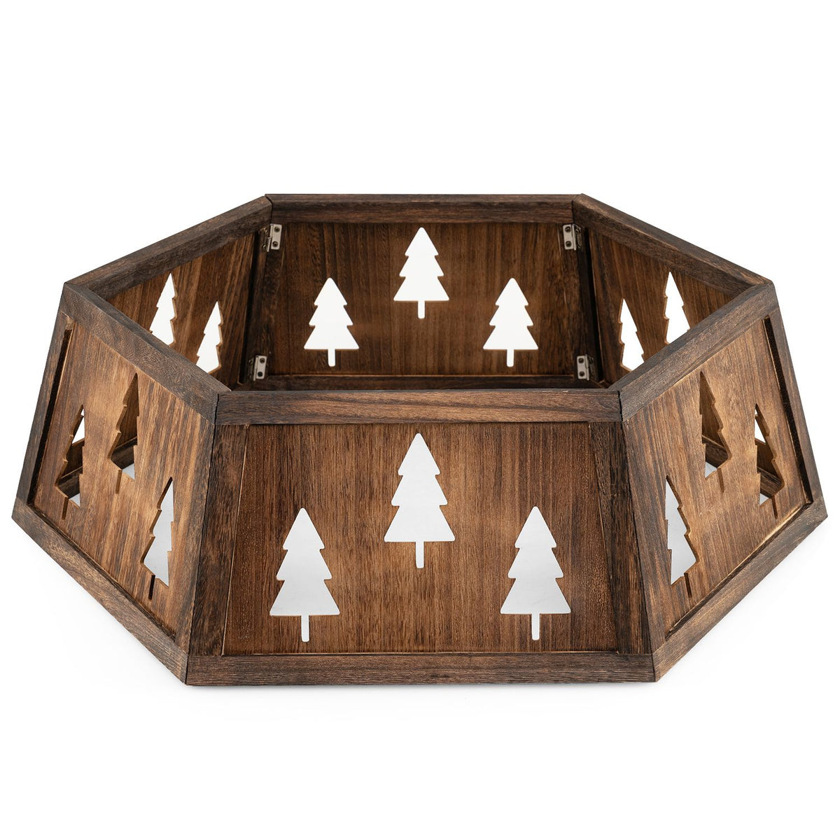 Octagonal wooden tree collar shown empty, with tree-shaped cutouts and visible metal fasteners inside.