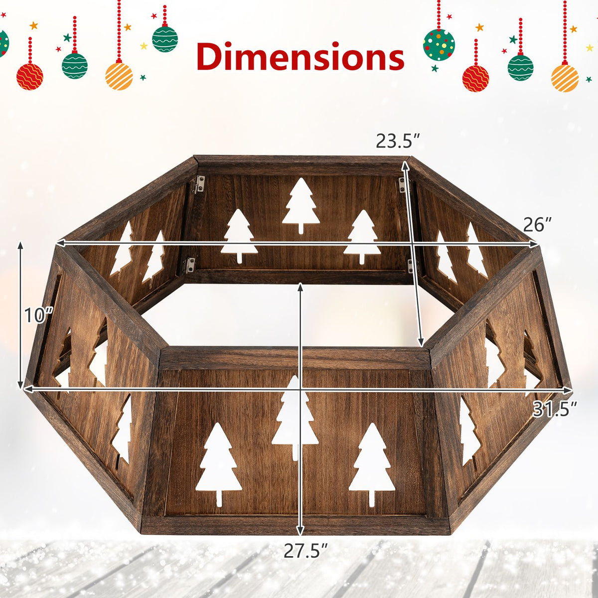 Rustic brown hexagonal tree collar shown from above with tree-shaped cutouts and measurement arrows.