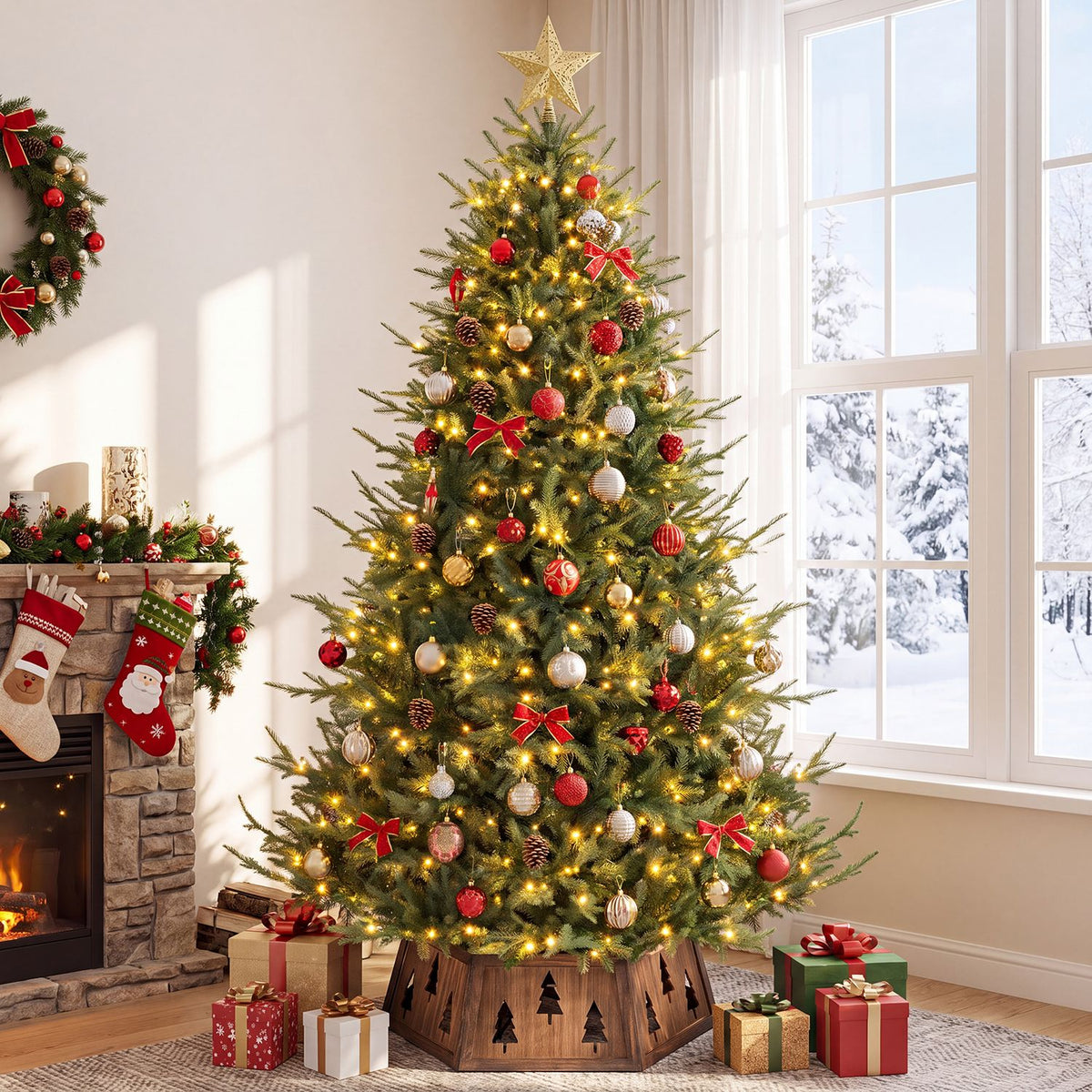 Lit Christmas tree stands inside a rustic wooden collar with tree cutouts beside a fireplace and presents.