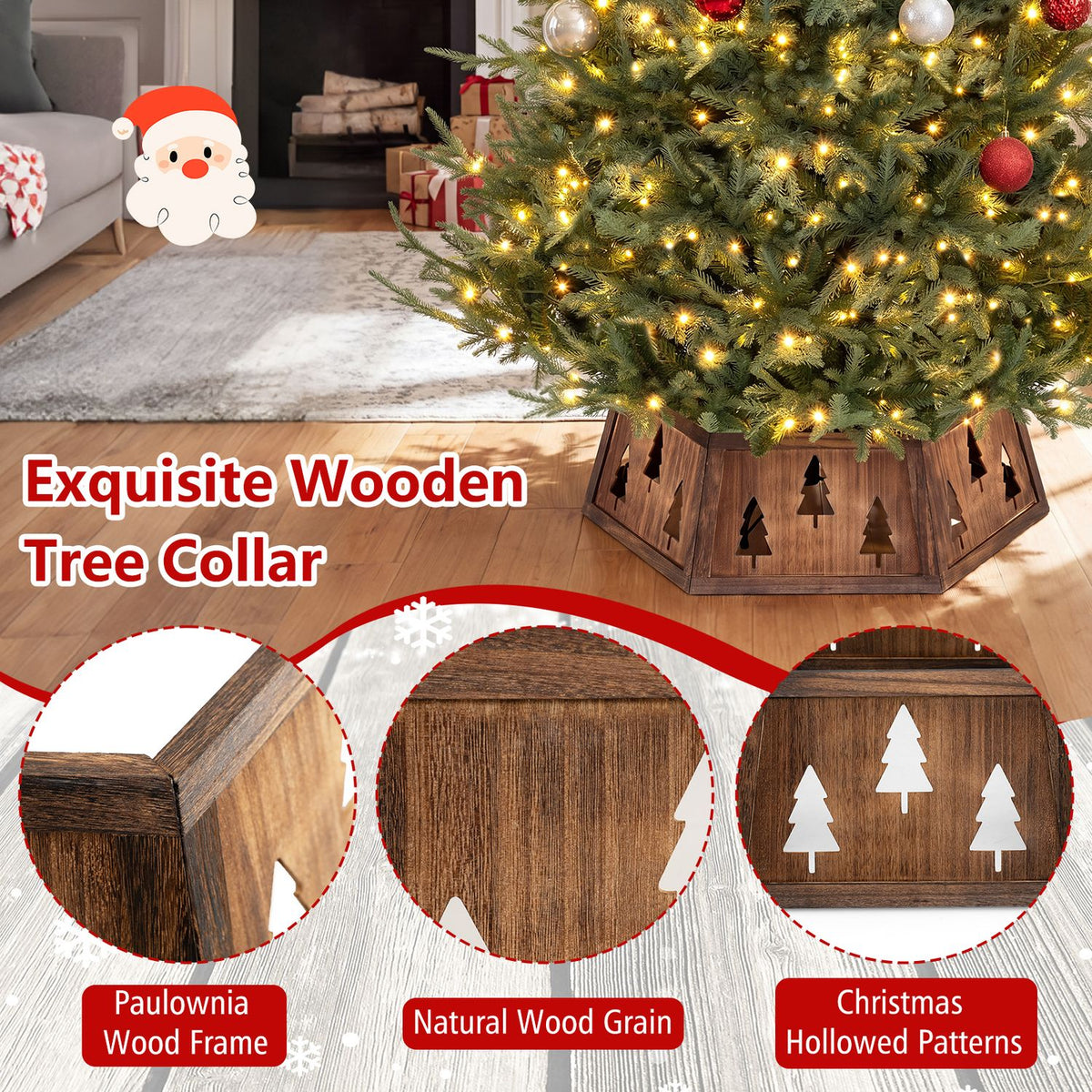 Close-up views show the collar’s textured brown wood, joined corner, and tree-shaped cutouts beneath a lit tree.