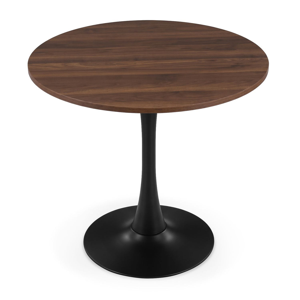 Round dark wood tabletop on a slender black pedestal with a wide circular base, shown against white.