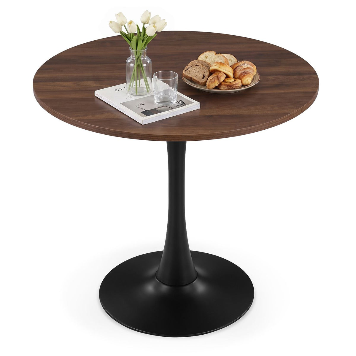 31.5-Inch Tulip Table for 2-4 with Thickened Table and Metal Pedestal for Small Spaces, Walnut