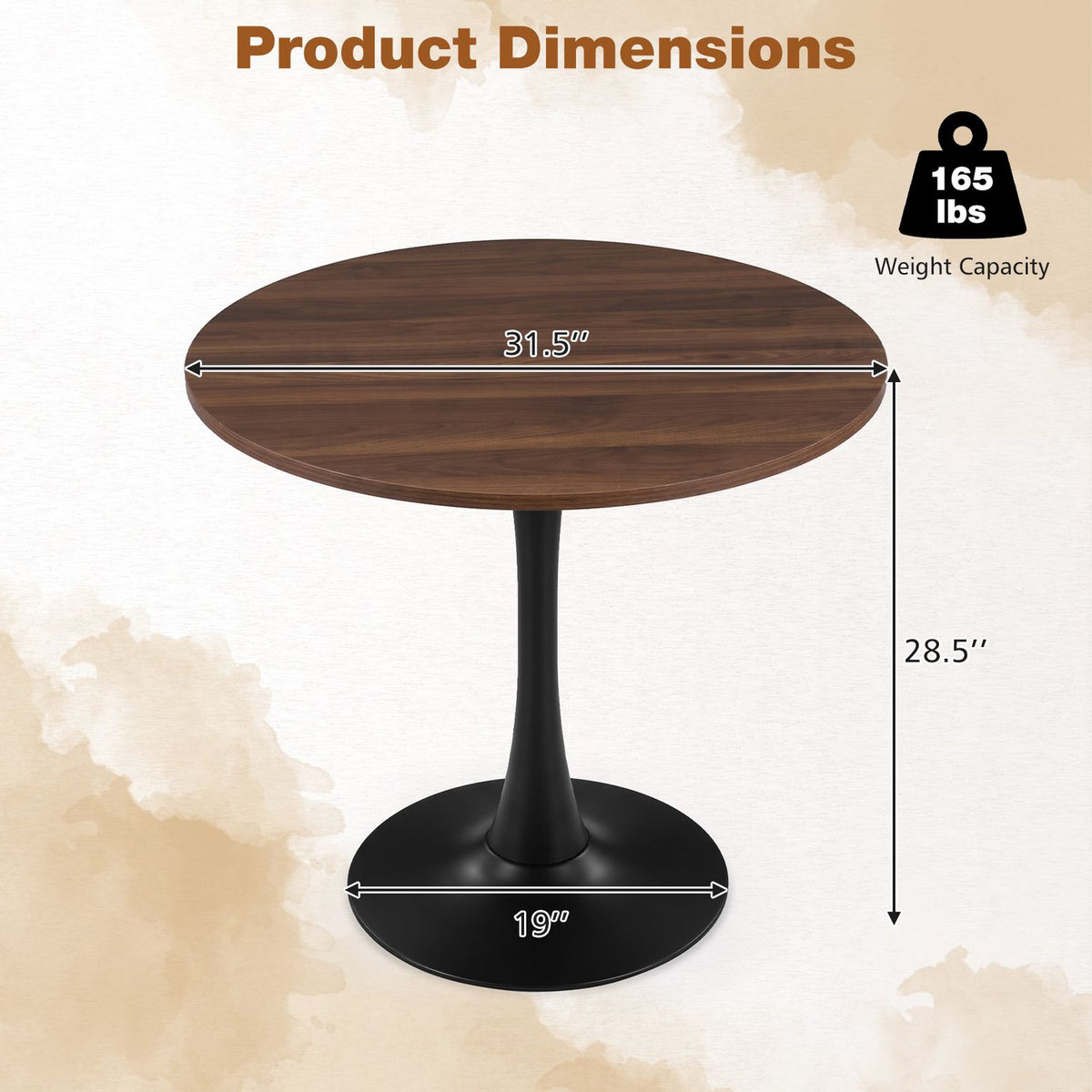 Round walnut-look dining table with a black tulip pedestal, shown with measurement arrows.
