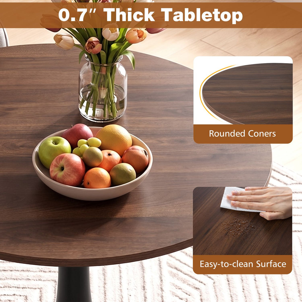 Close-up of the dark wood tabletop with fruit and inset views of its rounded edge and surface.