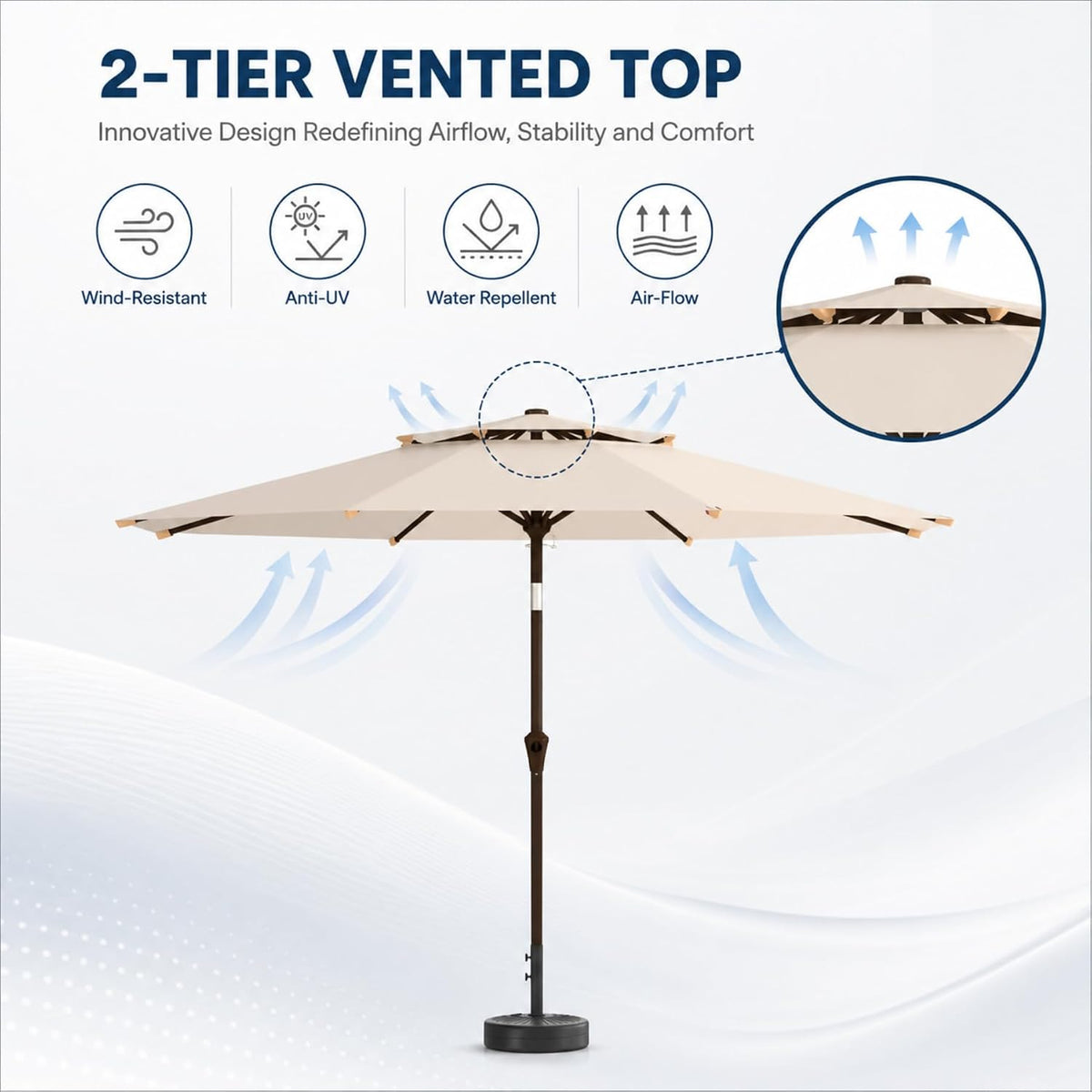 Front view of beige umbrella highlighting the two-tier vented top and illustrated airflow arrows
