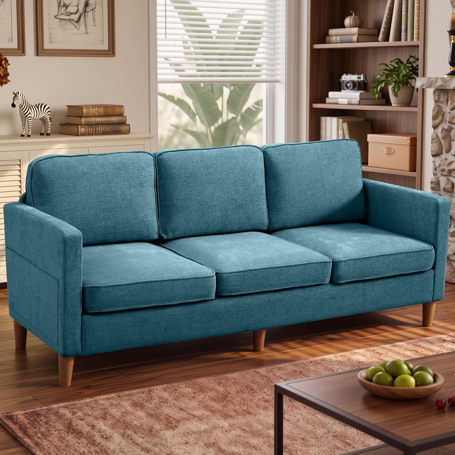 Teal chenille 3-seat sofa angled front view in a staged living room with wooden legs