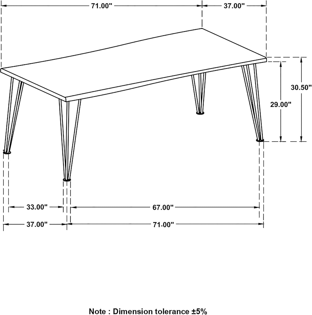 Technical line drawing of the rectangular table showing 71-inch length and height dimensions