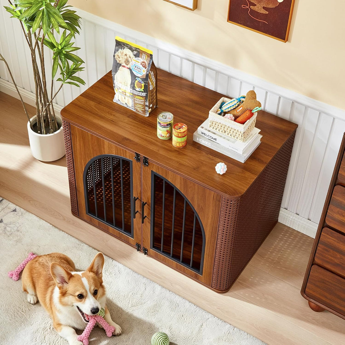 Walnut dog crate angled top view styled as side table with decor and a corgi on the floor