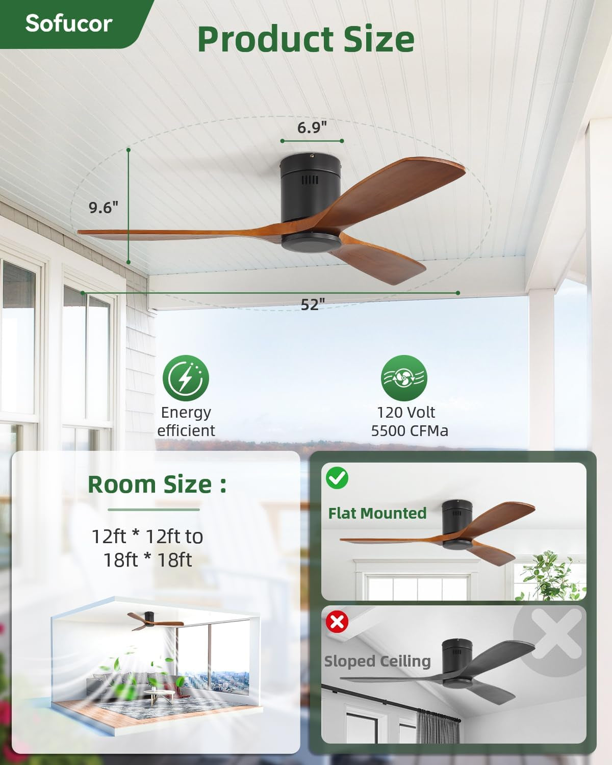 Ceiling fan installed on a porch ceiling with measurement lines indicating blade span and motor height.