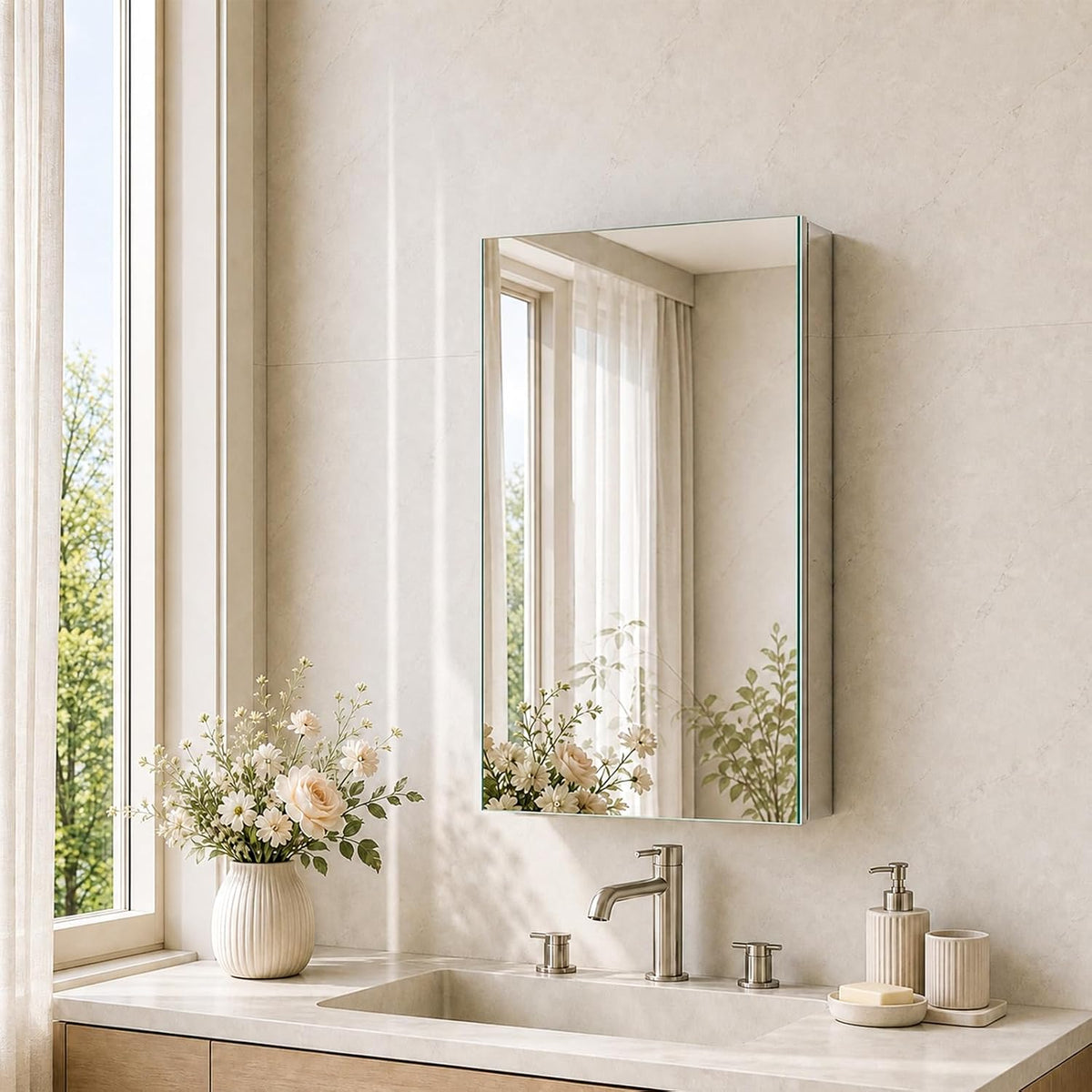 Tight view of the mirror reflecting sheer curtains and a vase of pale flowers on the left of a stone countertop and faucet.