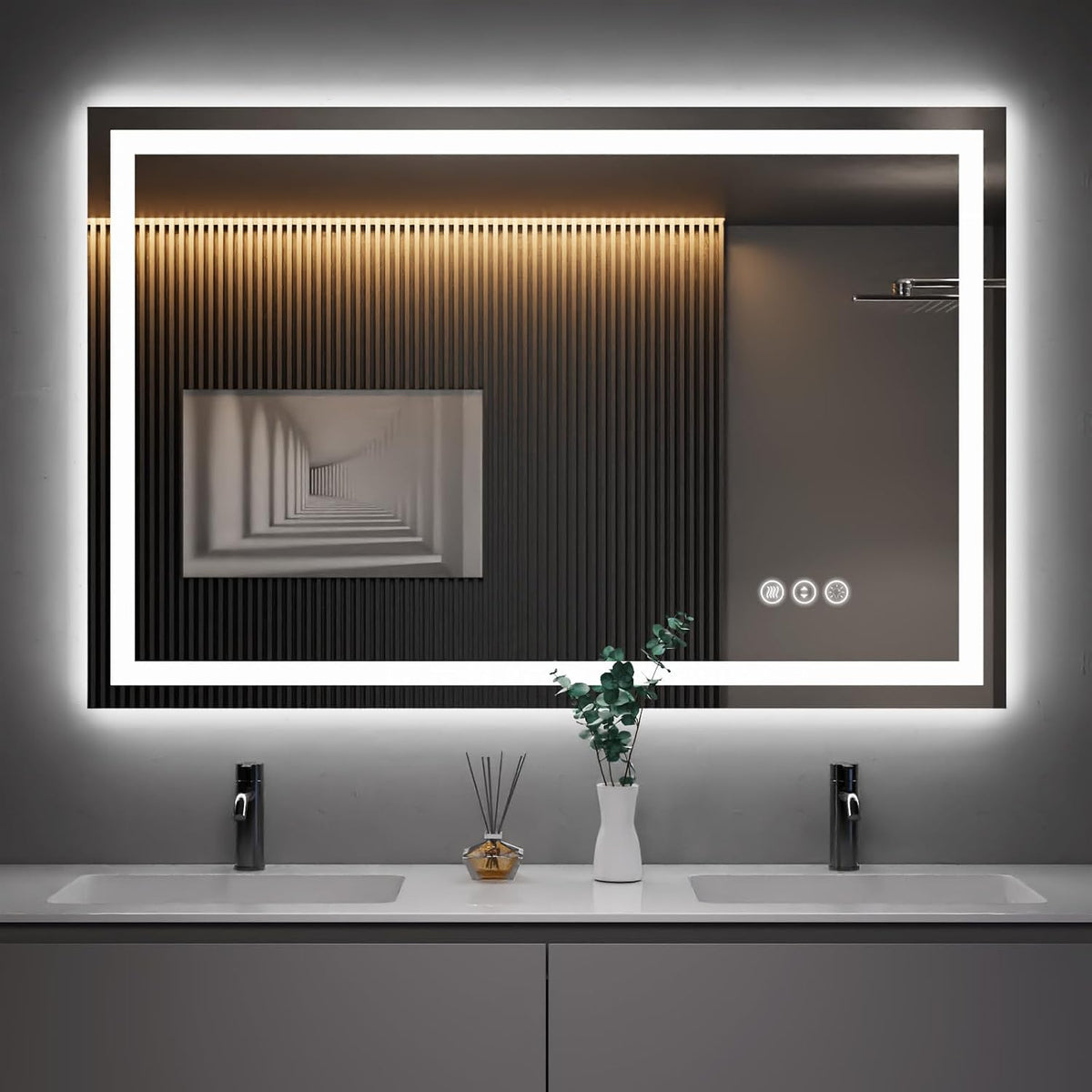 Large rectangular LED bathroom mirror above double sink with illuminated inner and outer light strips