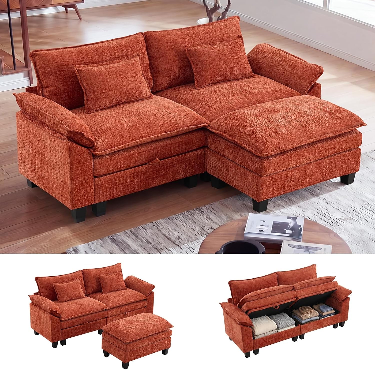 85" Modular Sectional Sofa with Storage, L-Shaped Comfy Cloud Couch | Deep Seat, Moveable Ottoman, Throw Pillows, Sofa Sleeper, Cloud Comfort Couches for Living Room Bedroom, Chenille Beige