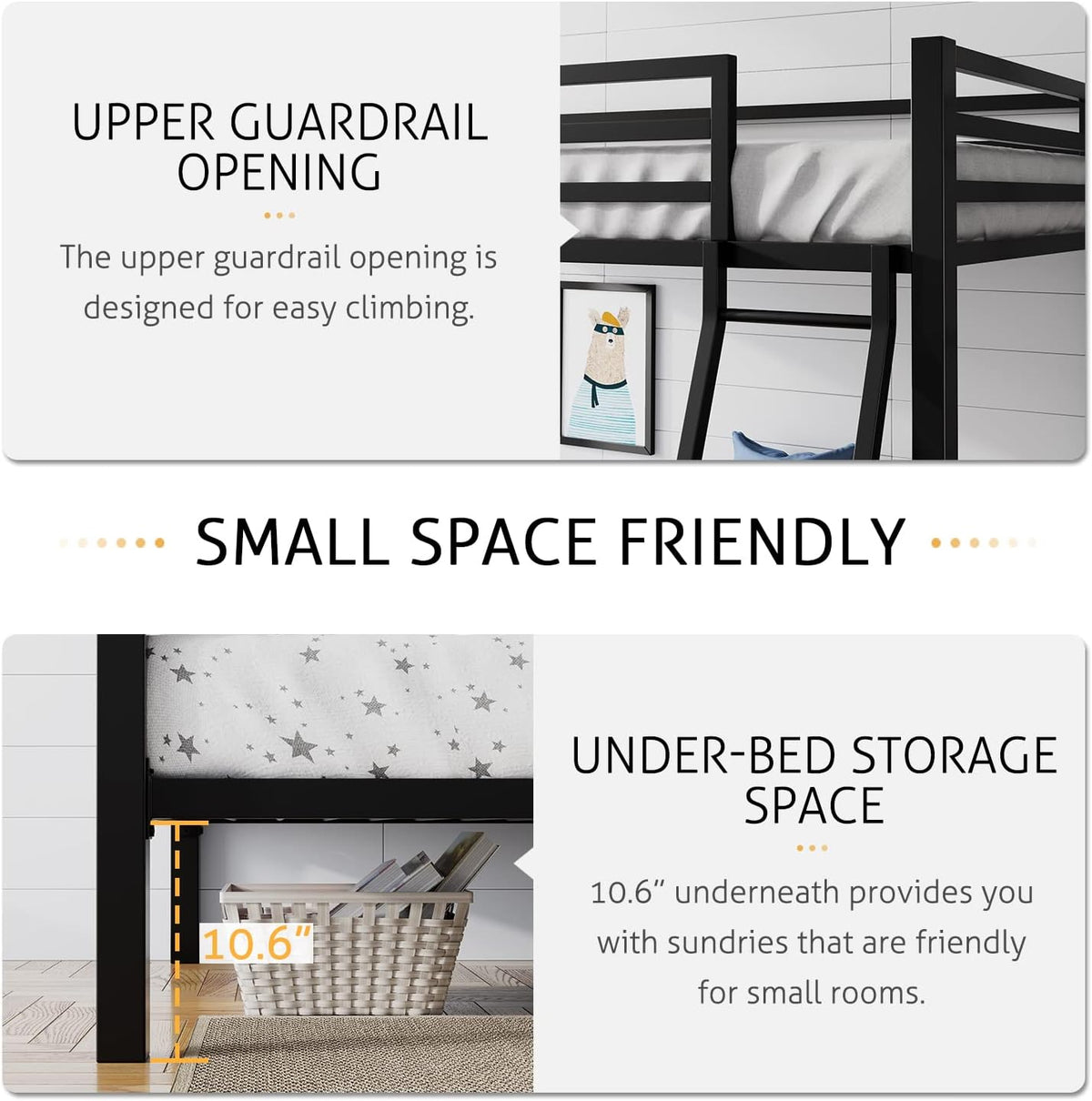 Graphic showing the top bunk guardrail opening and a basket under bed with marked 10.6-inch clearance