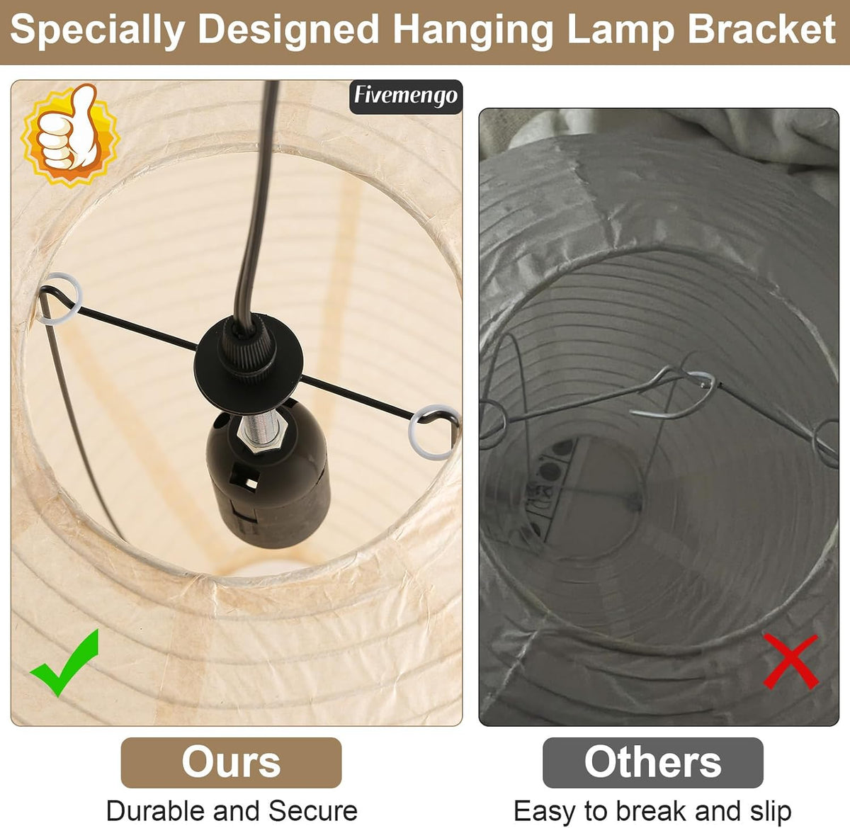 Interior view of black E26 bulb socket and metal lampshade bracket inside rice paper shade