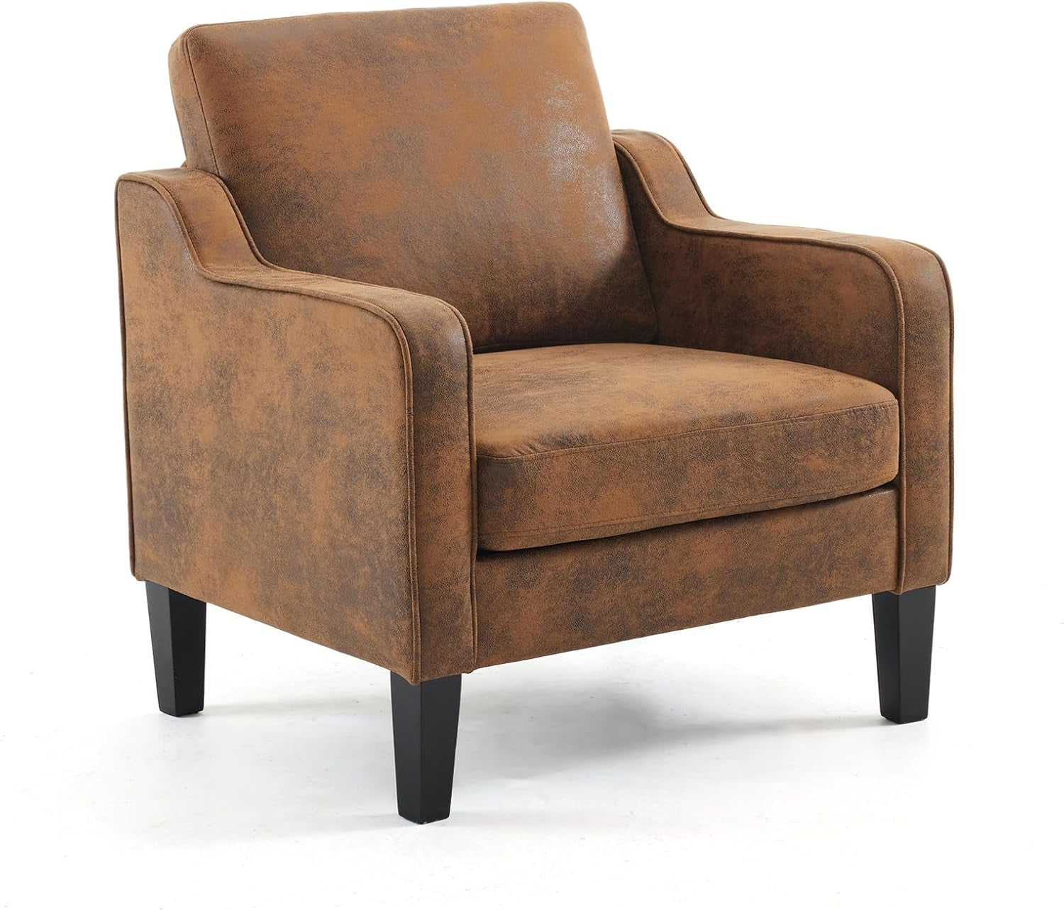 Three-quarter view of a single brown upholstered accent chair with tapered dark wood legs.