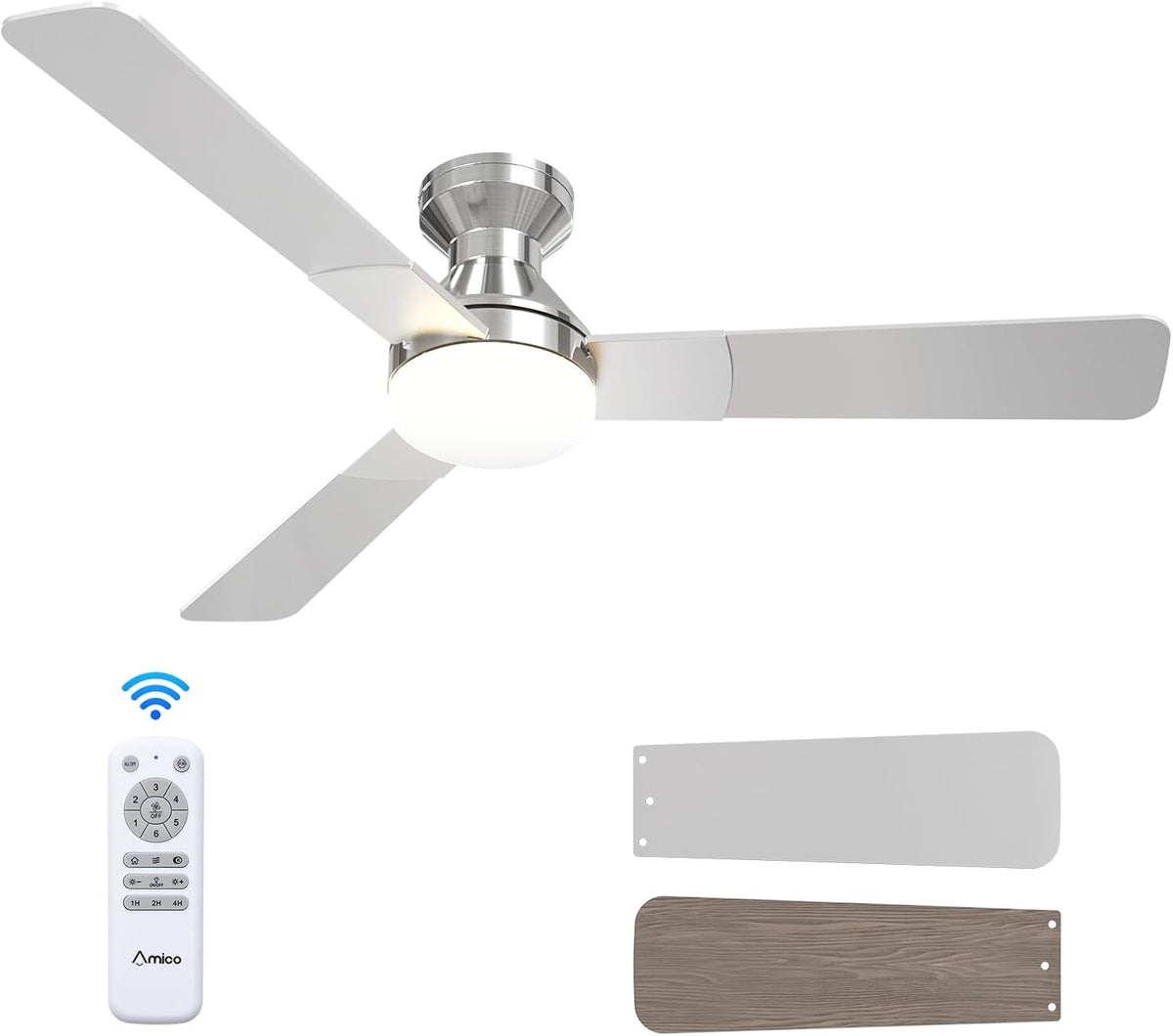 Brushed-nickel ceiling fan with three white blades, illuminated round light, remote and two alternate blade finishes.