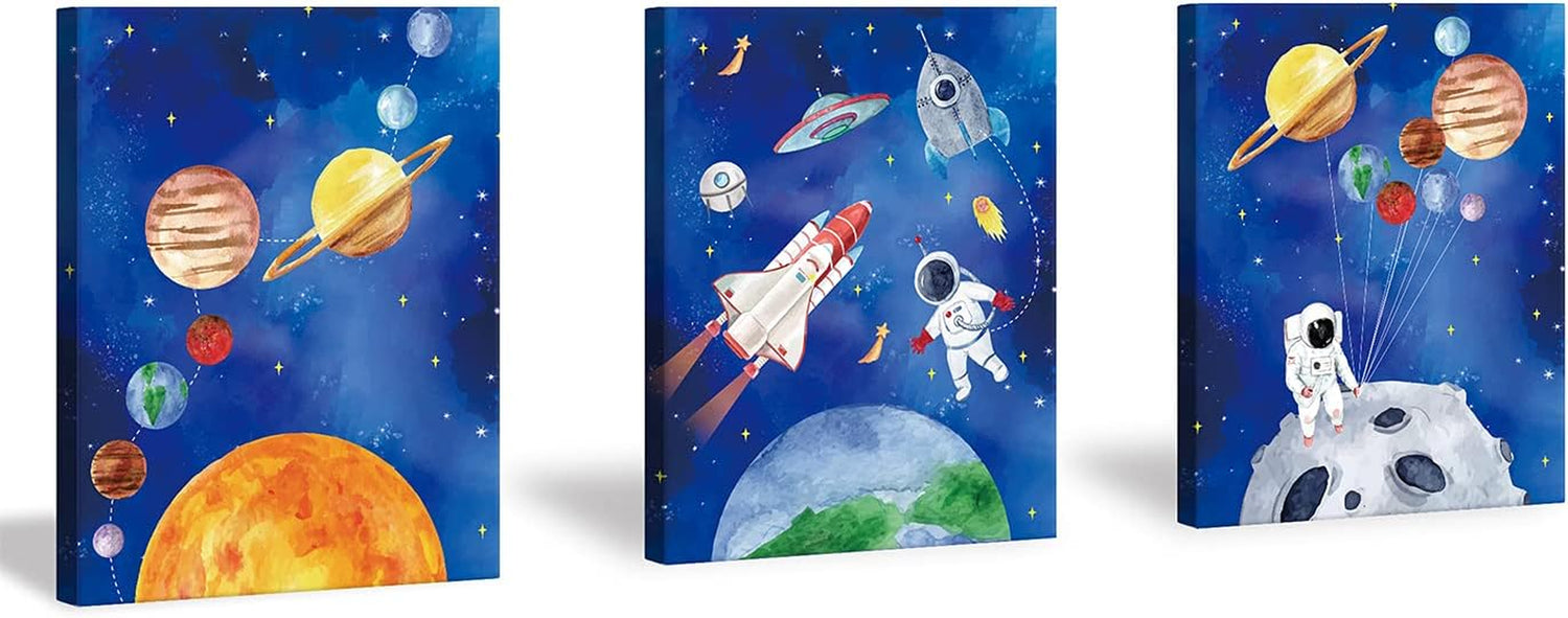 Three vertical canvas prints showing watercolor-style planets, rockets, and astronauts on deep blue backgrounds.