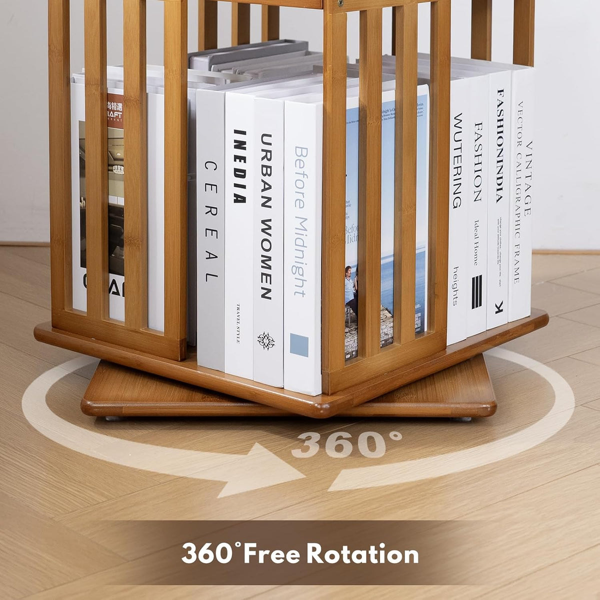 Close-up of bamboo shelf base with books and 360° rotation graphic showing swivel platform