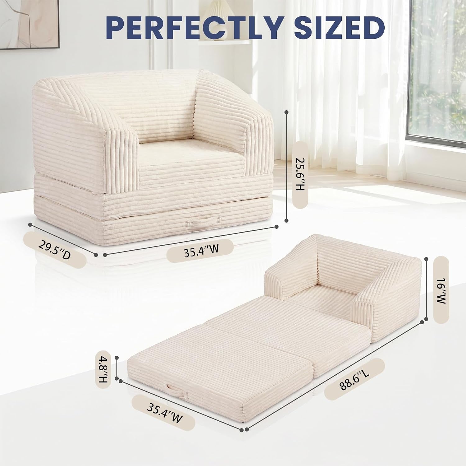 Diagram showing sofa and mattress dimensions with sofa folded and unfolded views on a white background