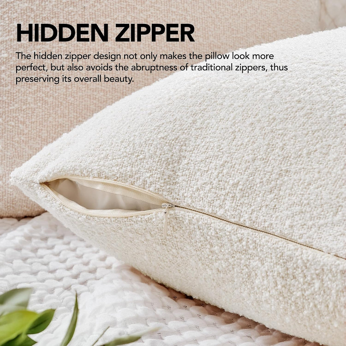 Ivory pillow cover hidden zipper partially open with seam and zipper detail