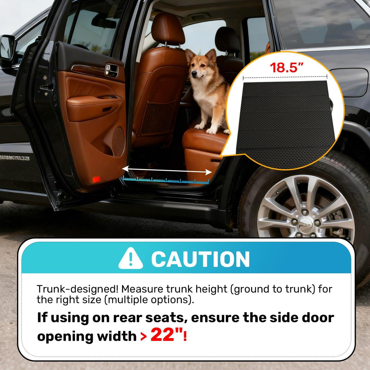 SUV rear side-door view with a small dog on the back seat and an overlay illustrating side-door opening guidance and a ramp‑t