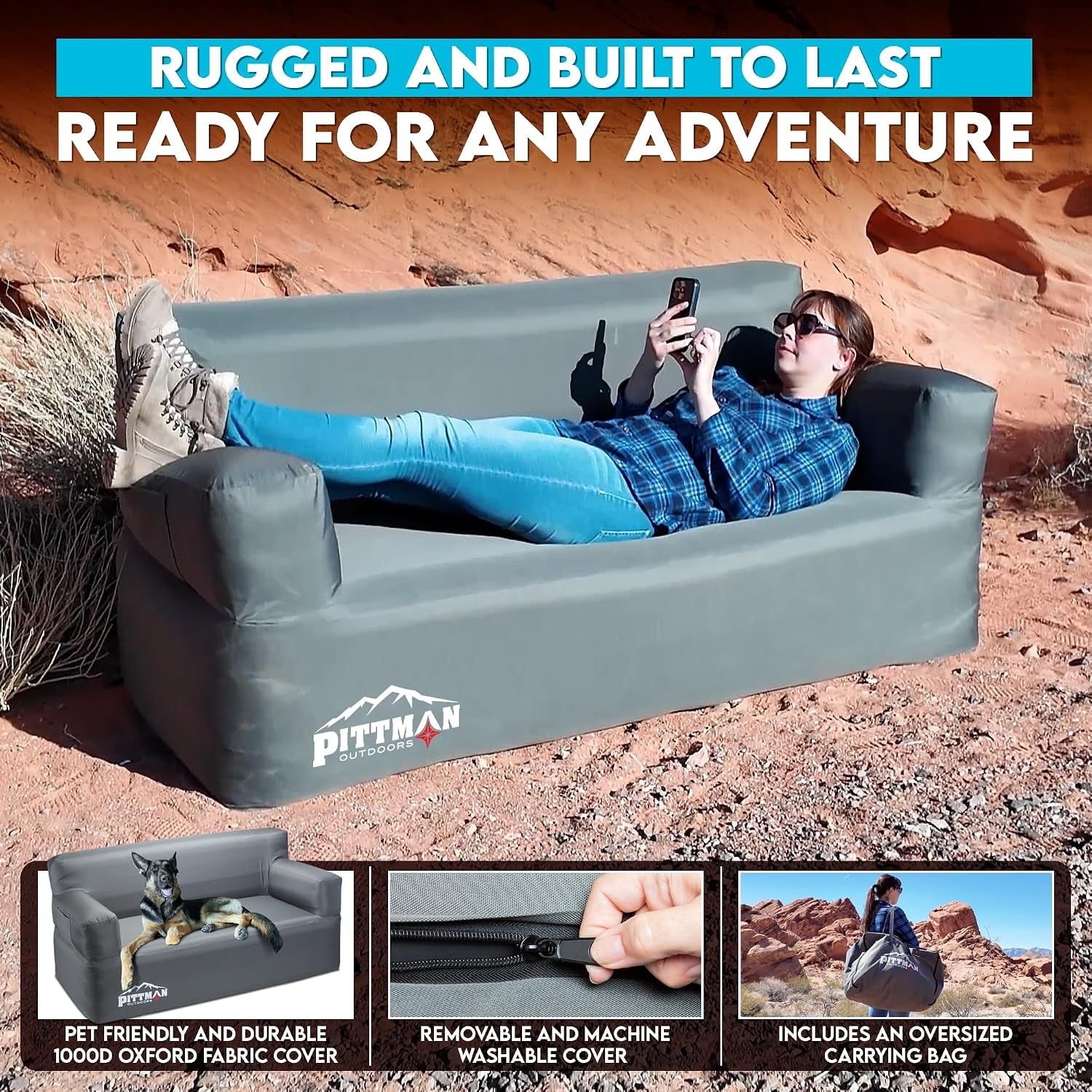Person reclining on gray inflatable sofa in a rocky outdoor setting showing full length and back support