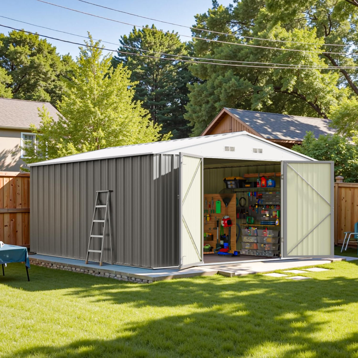 Side-front view of a metal garden shed on a concrete pad with open doors revealing organized tools inside.
